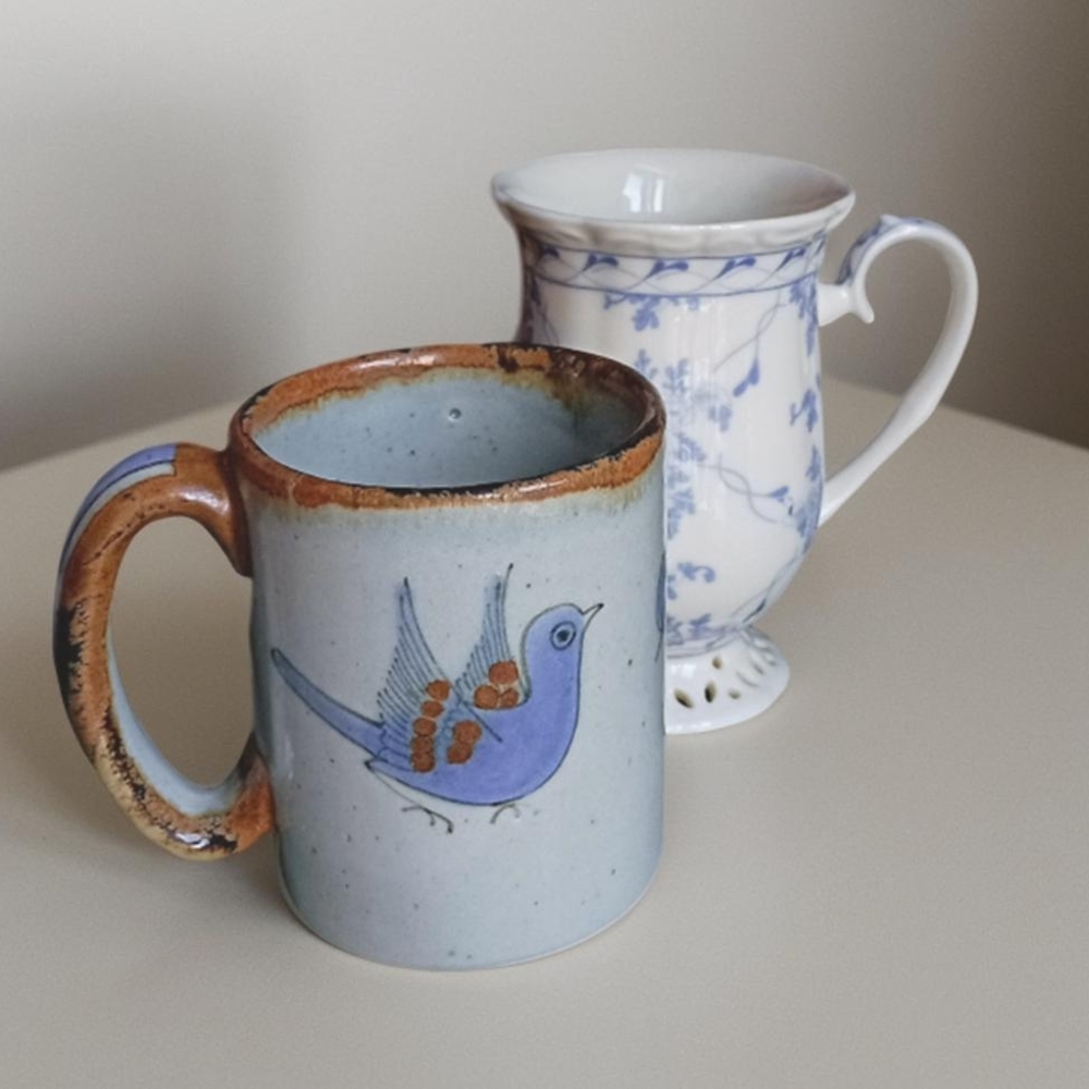 Duo Of Highly Collectible Mugs Stoneware and Porcelain Blue Theme